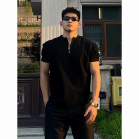 [COD] Black Waffle Henley Collar T-Shirt Men's Summer American Style Trendy Short Sleeve Muscle-Enha