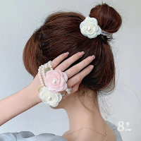 【89 zone】法式古典小香風珍珠花朵 髮飾 髮繩 髮圈 髮束 1 入(不挑款/混色隨機出貨)