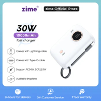 Zime 30W Mini Power Bank 10000mAh with Fast Charge Cable External Battery Fast Charger Portable Powerbank for iPhone 15 Xiaomi