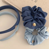 Simple and Elegant Gold Label Denim Blue Fresh Women's Solid Fabric Hair Band High Head Cap Band Large Intestine Ring Hair Ring