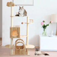 Wooden Modern Sisal Rope Cat Tower Activity Cat Furniture For Kitten Large Cats Wood Furniture Tree