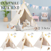 1.6M Kids Tent Teepee Tent Portable Children Play Tent Cotton Canvas Toddler Tent with Star Light Sleepovers Birthday Spa Party