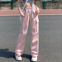 Pink Pants Women Y2k High Street College Lovely Teens Trousers All-match Summer Stylish American Style Baggy Big-pocket Design