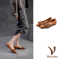 【Vecchio】真皮跟鞋 低跟跟鞋/全真皮頭層牛皮尖頭V口碎花布設計低跟鞋(黃)