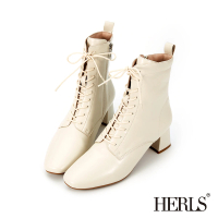 【HERLS】短靴-馬甲綁帶橢圓頭皮革粗跟短靴(米白色)