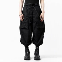 Punk Dark Low Crotch Loose Techwear Pants Black Multi-Pocket Cropped Pants Samurai Pants Summer Men and Women
