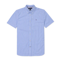 【Tommy Hilfiger】TOMMY 經典刺繡Logo短袖襯衫-藍白直條紋色 上衣(平輸品)