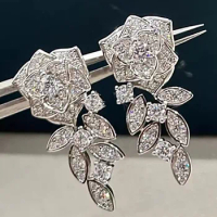 Custom Solid 10K White Gold Women Stud Drop Earrings Flower Moissanite Diamonds Wedding Party Engagement Anniversary Earrings