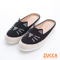 ZUCCA-碎鑽貓咪印平底拖鞋-黑色-z6803bk
