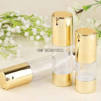 300pcs/lot Golden 15ml 30ml 50ml Airless Pump with Clear Body Bottle By Self Empty Reusable Refillable Diy Skin Care Creations