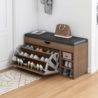Shoe Bench Shoe Rack Shoe Cabinet with Flip-drawer and Leather Seat Cushion