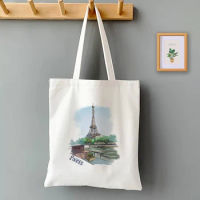 The Eiffel Tower in Paris Canvas Tote Bag for Women Aesthetic Shopping Cloth Shoulder Bag Book Handbags Girl Gift Square Ecobags