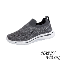 【HAPPY WALK】彈力休閒鞋/幾何流線彈力飛織便利襪套設計休閒鞋-男鞋(深灰)