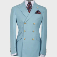 Sky Blue Men Suit Classic 6 Button Slim Fit 2 Piece Celana Wedding Groom Jaket/Double Breasted Best Man Baju Penjahit
