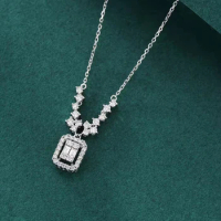 18K White Gold Natural Diamond Rectangle Pendant Necklace Women's Engagement Party Fine Jewelry