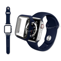 全包覆 Apple Watch Series SE/6/5/4 (44mm) 9H鋼化玻璃貼+錶殼+環保矽膠錶帶(午夜藍)
