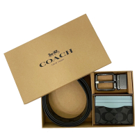 COACH 經典C LOGO男款雙面用寬版皮帶卡夾禮盒(黑灰/藍)