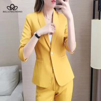 Bella Phlosophy 2019 Autumn Soild Women Silm Blazer Suit Office Lady Single Botton Blazer Plus Size Yellow White Two Piece Set