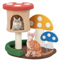 Stable Wooden Structure Cartoon Mushroom Shaped Sisal Post Scratching Board Pet Cat Tree Toy 4-In-1 Cat Tree with Condo Platform