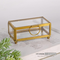 北歐簡約復古創意銅邊玻璃首飾盒 珠寶展示盒收納擺件1入