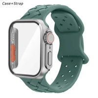 Glass+Case+Strap Silicone Strap For Apple Band Watch 44mm 40mm 45mm 41mm bracelet iwatch series 7 se 4 5 6 8 Ultra case