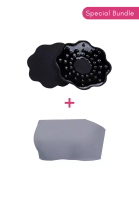 Kiss &amp; Tell Special Bundle Premium Asher Strapless Non-Slip Ice Silk Bralette Top in Grey  and Nipple Cover Pads Flower Stick On Nubra in Black