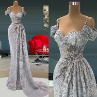 Mermaid Prom Dress Spaghetti Straps V Neck Sleeveless Appliques Sequins Evening Gowns Side Slit Pageant Gowns Bridal Gowns