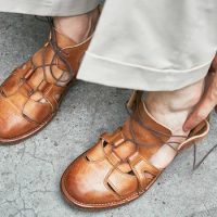 Handmade Vintage Mens Gladiator Sandals Lace Up Cowhide Genuine Leather Beach Shoes Summer Footwear Classic Men Roman Sandals