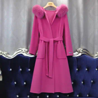 New Fashion Natural Cashmere Coat For Women With Fox Fur Collar Luxury Lady Wool Fur Long Autumn Fur Coat