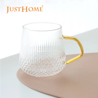 【Just Home】菱格紋線條耐熱玻璃馬克杯420ml 琥珀黃(杯 玻璃杯 耐熱玻璃)