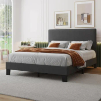 Bed Frame, with Headboard, Linen Upholstered Bed Frame with Wood Slats Support, Heavy Duty Feet, Easy Assembly, Queen Bed Frame