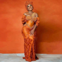 African Mermaid Evening Gowns Beaded Evening Dresses Orange abendkleider Nigerian Luxury Applique Lace Mermaid Evening Dress