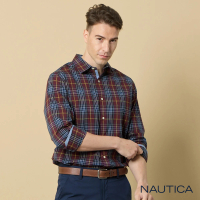 【NAUTICA】男裝 吸濕排汗格紋長袖襯衫(藍紅)