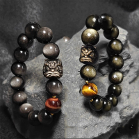 Vòng Tay Obsidian, Bạc Tự Nhiên, Phong Cách Trung Quốc Có Múa Sư Tử, Unisex, Vòng Tay Cặp Đôi, Đá Ob