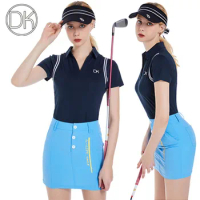 DK Summer Golf Clothing Womens V-neck T-shirt Short Sleeve Shirt Quick-dry Tops Ladies Short Skirt Slim Pencil Skort Sports Suit