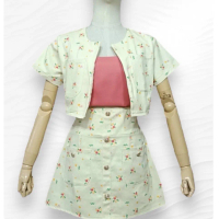 Set ผ้ายีนส์ 3 ชิ้น เสื้อคลุม+ บรา+ กระโปรง ลายดอกไม้ เสื้อแขนสั้น รุ่นใหม่   Yk