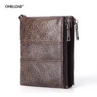 Men's Crazy Horse Cowhide Wallet Men's Wallet Leather Short Anti-RFID Purse Men's Wallet Double Zipper Wallet Coin Pocket