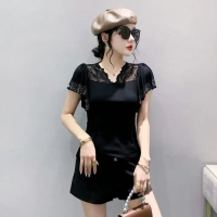 New Lace Thin Base Shirt Patchwork Short Sleeve Top New Style Slimming Base Shirt for Women