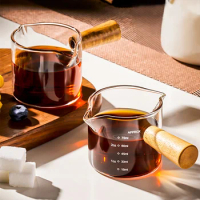 Wood Handle Glass Espresso Measuring Cup Single/Double Mouth Milk Jug Coffee Supplies Transparent Kitchen Measure Mug
