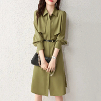 【MsMore】時尚優雅軍綠純色襯衫領長袖連身裙中長版洋裝#121036(軍綠)