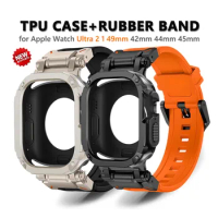 TPU Case+Sport Strap For Apple Watch Ultra 2 49mm Series 45mm Titanium Color Silicone Band For iWatch 9 8 SE 7 6 5 44mm Bracelet