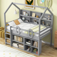 Twin Size House Loft Bed with Multiple Storage Shelves &amp; Full-length guardrail,Modern Twin Size Loft Bed for Kids,Easy Assembly
