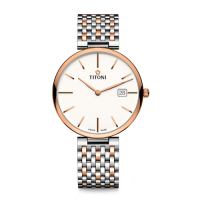 TITONI瑞士梅花錶 纖薄系列機械錶(82718 SRG-606)-白面/玫瑰金半金鋼帶/39mm