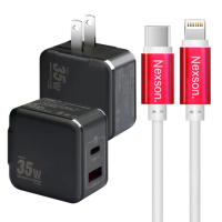 【VOORCA】1C+1A孔35W氮化鎵充電器 黑+NEXSON 蘋果認證 Type-C to Lightning-紅色