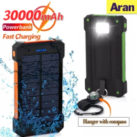 Solar Power Bank Waterproof 30000mAh Solar Charger USB Ports External Charger Powerbank for Xiaomi 5S Smartphone with LED Light
