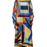 Kuwait Fashion Blogger Multicolor Printed One -shoulder Silk Kaftan Maxi Dress Dashiki African Muslim Lady Loose abaya