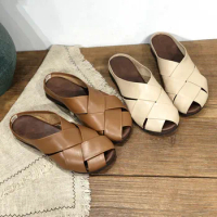 Retro nostalgic cowhide woven handmade women sandals leather slippers flat bottom breathable health summer shoes lefus muller