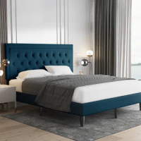 Queen Size Bed Frame Upholstered Platform Bed With Adjustable Headboard, Button Tufted, Wood Slat Support, Furniture Home
