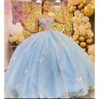 2023 Charro Vestidos De XV Años Quinceanera Dress Light Blue Butterfly Appliques Mexican Sweet 16 Dress Prom Party Wear