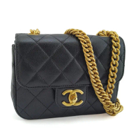 【CHANEL 香奈兒】黑色菱格紋牛皮金鍊肩背斜背雙鍊方胖子包(展示品)